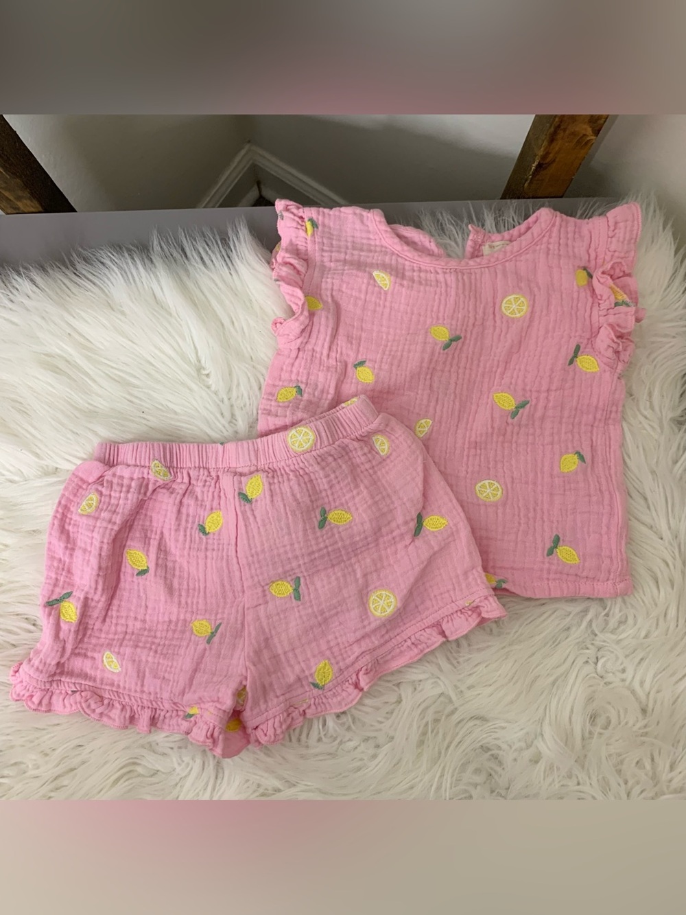 Between Pink Embroidered Lemon Print Girls' Outfit Set Size 24M